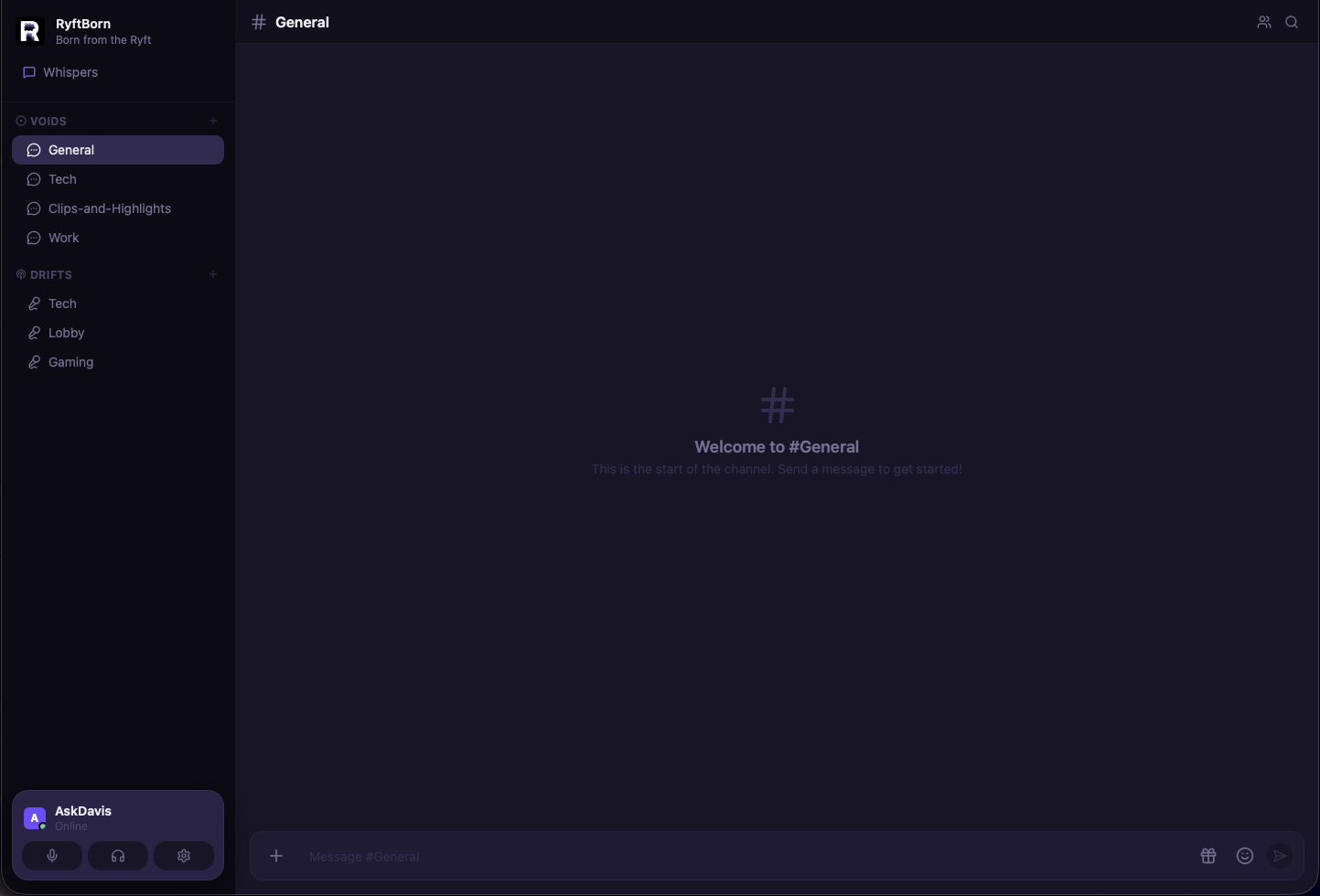 RyftBorn app interface showing text channels, voice channels, and chat